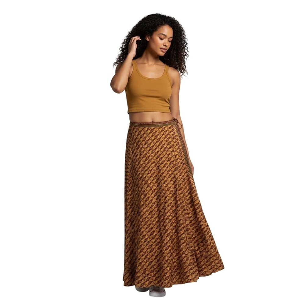 Free People | Mustard Yellow Boho Print Maxi Wrap Skirt Size 2 Bohemian Festival